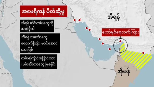 မြေပုံ - အနီစက်တွေနဲ့ ဖော်ပြထားတဲ့ အီရန်ရဲ့ ဆိပ်ကမ်းတွေဆီကနေ သင်္ဘောအဝင်အထွက် အမေရိကန် ပိတ်ဆို့