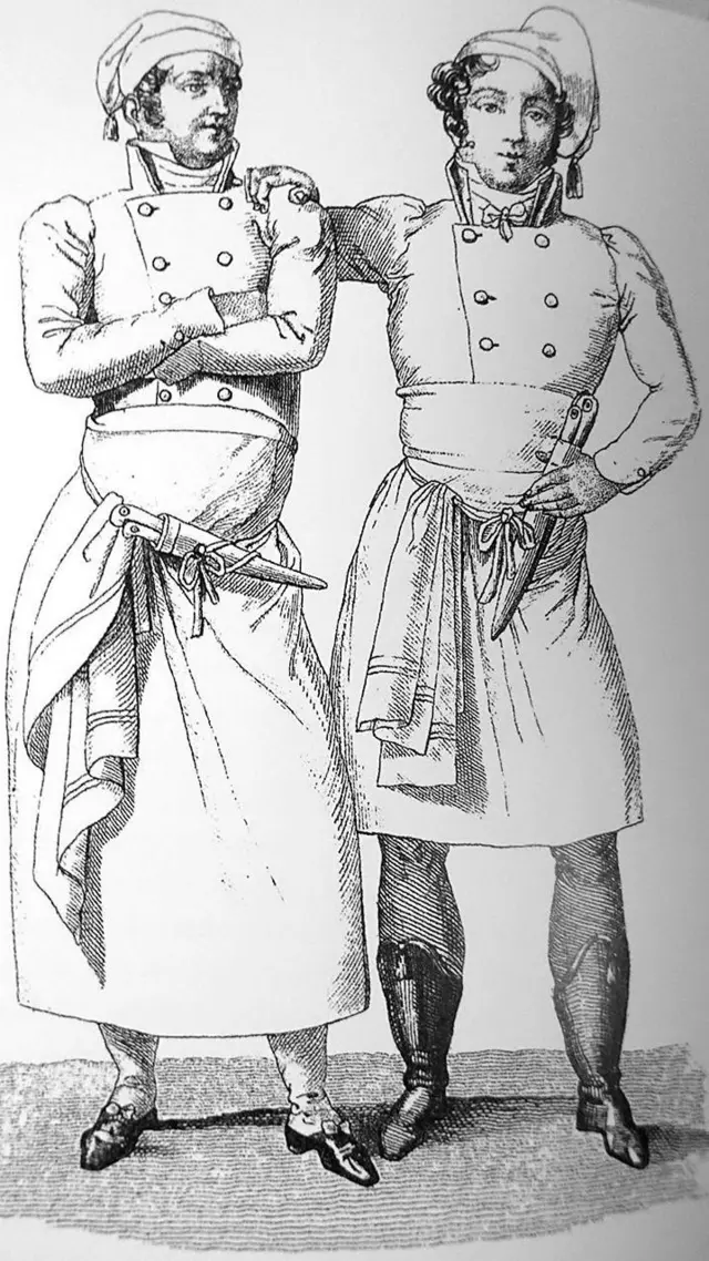 Una ilustración del libro de Carême, Le Maitre d'hotel Francais, muestra los trajes típicos de los chefs de principios del siglo XIX