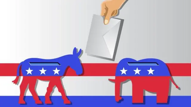 যুক্তরাষ্ট্র নির্বাচনের প্রধান দুই দল, ডেমোক্র্যাটদের প্রতীক গাধা এবং রিপাবলিকানদের প্রতীক হাতি