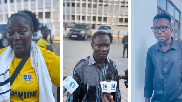 Collage fotos of three of di relatives of di arrested persons outside di courthouse