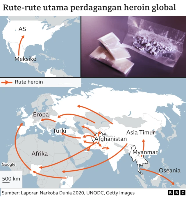 Peta yang menunjukkan rute utama penyelundupan heroin global