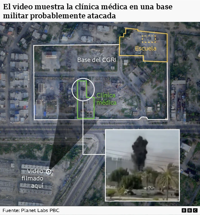Un gráfico de BBC Verify donde hemos verificado imágenes satelitales de la base del CGRI y la escuela adyacente y resaltamos la clínica médica donde impactó el misil.