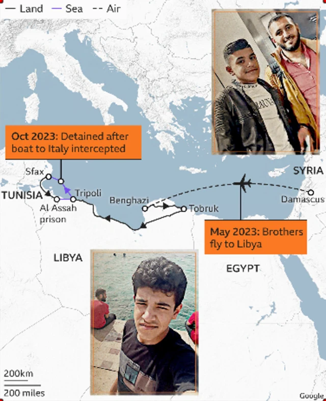 시리아에서 리비아까지 형제가 이동한 경로를 나타낸 지도