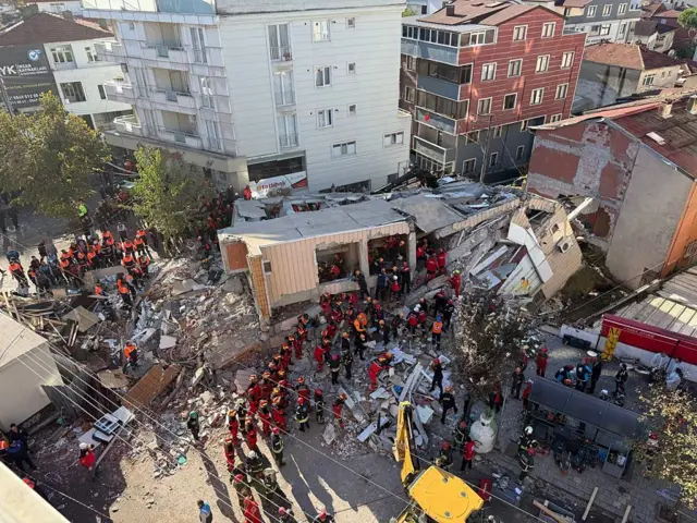 Gebze'de yana yıkılmış binanın enkazı ve etrafında arama kurtarma çalışmalarını yürüten kırmızı üniformalı personel ve sarı bir araç kuşbakışı halde görünüyor