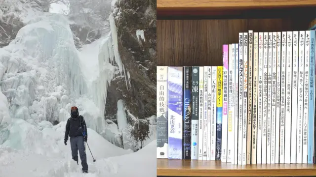 登山者Joe曾被飞行服务队直升机拯救；（右）他收藏有关登山的书籍。