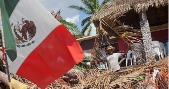 رجل يقف وسط نخل مُدمر ويظهر في الصورة علم المكسيك مُلقى على الأرض، من ضمن الدمار الذي أحدثه إعصار باتريشيا بالمكسيك، والذي تسبب في أضرار واسعة النطاق بالممتلكات، لكن لم يُفقد سوى عدد قليل من الأرواح.