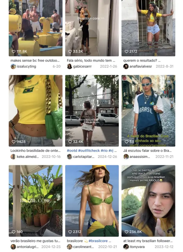 Captura de tela da pesquisa por 'Brazil Core' no TikTok mostra 9 thumbnails de mulheres vestindo roupas com símbolos brasileiros