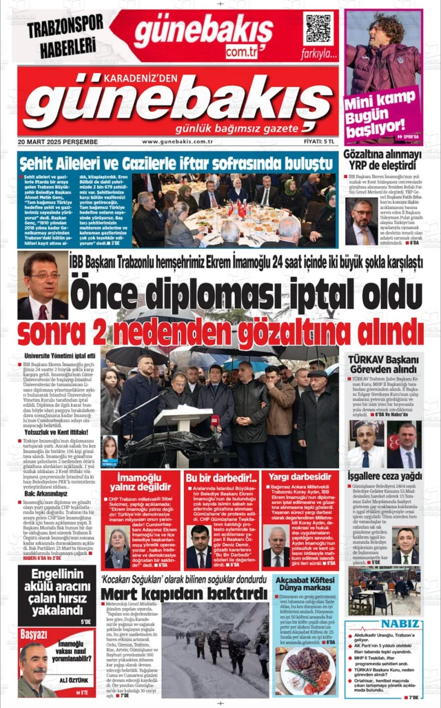 Günebakış Gazetesi'nin 20 Mart tarihli ön sayfası