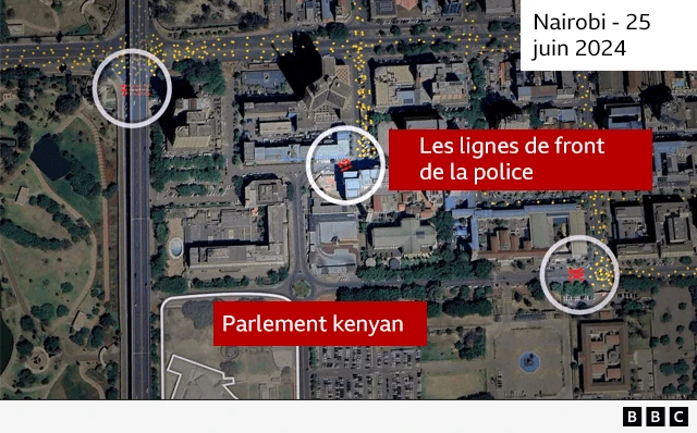 Carte montrant le parlement kenyan et trois zones encerclées considérées comme les lignes de front de la police.