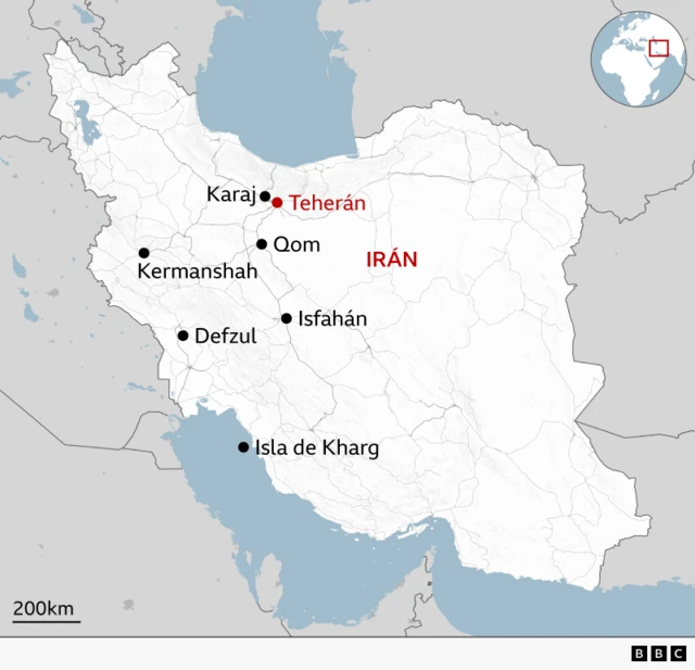 Mapa con las ciudades atacadas por Israel y Estados Unidos en Irán.