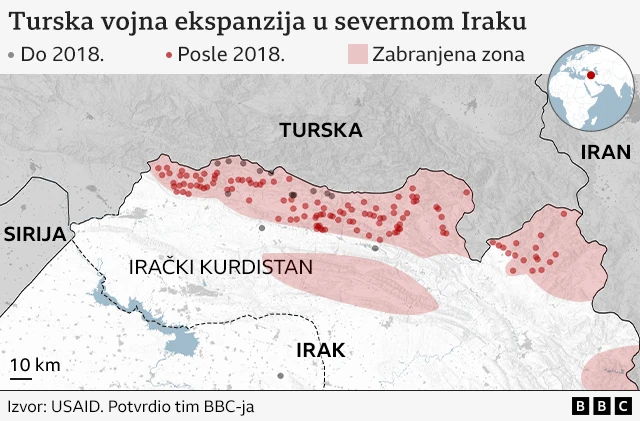 Mapa prikazuje severni Irak, irački Kurdistan, zabranjenu zonu, granicu sa Sirijom, Turskom i Iranom i turske vojne baze isprekidane oko severnog Iraka