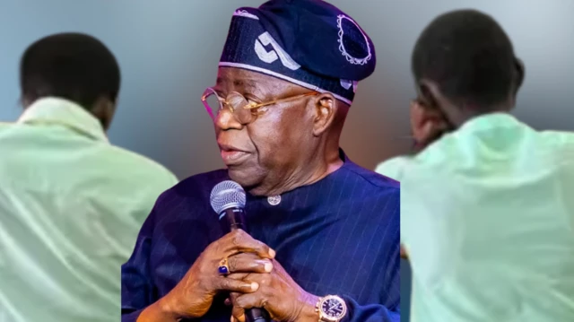 Awọn akẹkọọ meji wọ aṣọ ile ẹkọ, Aarẹ Bola Tinubu wọ buba olomi buluu pẹlu fila; o mu ẹrọ gbohungbohun lọwọ