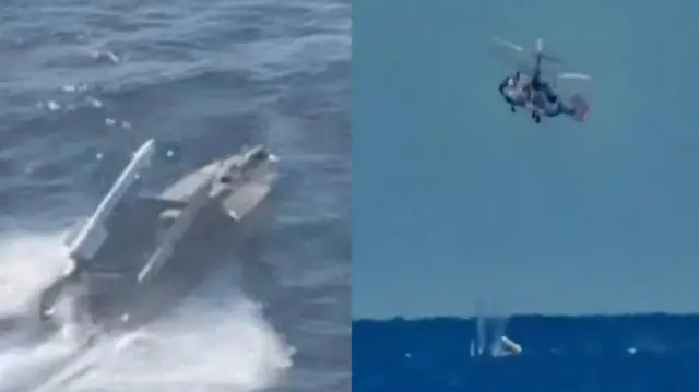 Фото знищення російським гелікоптером Ка-29 морського дрона (ймовірно - Magura V5) з двома ракетами на борту