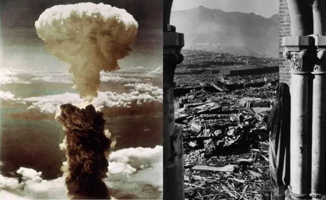 A la izq., una densa columna de humo, coronada por una nube en forma de hongo, se eleva a unos 18.000 metros de altura sobre el puerto japonés de Nagasaki tras la explosión de la bomba atómica "Fat Man". A la der., una estatua situada bajo un arco de la Catedral Católica de Urakami parece contemplar la devastación en dirección a la Escuela de la Misión Chinzei, a lo lejos, tras el bombardeo atómico