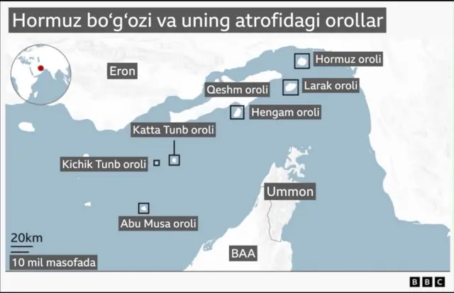 Ҳурмуз бўғози харитасида шимолда Эрон соҳиллари, жанубда эса Уммон ва БАА соҳиллари кўрсатилган. Бўғоздаги бир нечта ороллар, жумладан Ҳурмуз, Ларак, Қешм ва Ҳенгам (Эрон яқинида), шунингдек Катта Тунб, Кичик Тунб ва Абу Муса ороллари белгиланган. Кичик глобус тасвири ҳудуднинг жаҳондаги жойлашувини кўрсатади.
