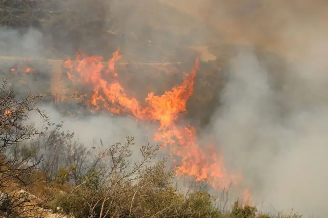  صورة تظهر ألسنة اللهب بعد اندلاع حريق هائل في حماة بسوريا في 13 أغسطس/آب 2025.