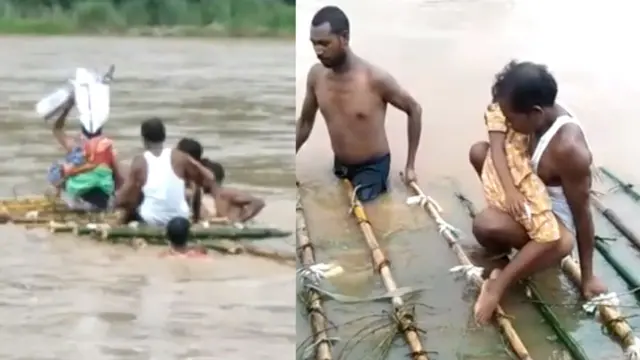 వెదురుకర్రలపై నది దాటుతున్న దృశ్యం