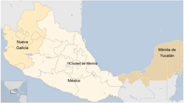 Mapa que muestra los territorios de la región central de Nueva España