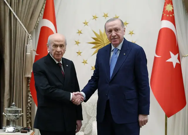 Bahçeli ve Erdoğan Türk bayrakları önünde el sıkışıyor.