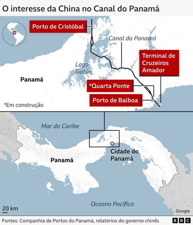 Mapa mostra estruturas que a China tem construído no Panamá