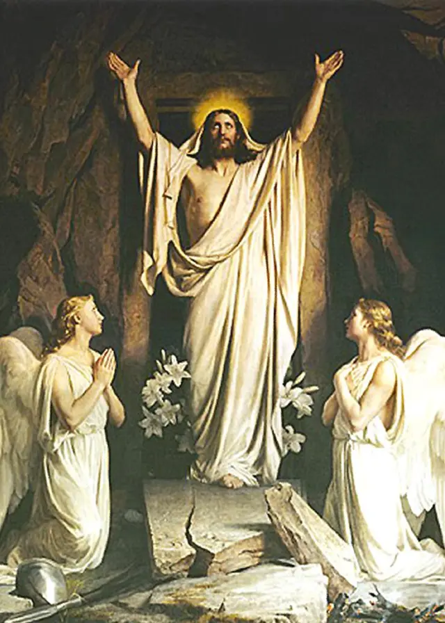 Pintura do século 19, de Carl Heinrich Bloch, ilustra a ressurreição de Jesus ao lado de dois anjos