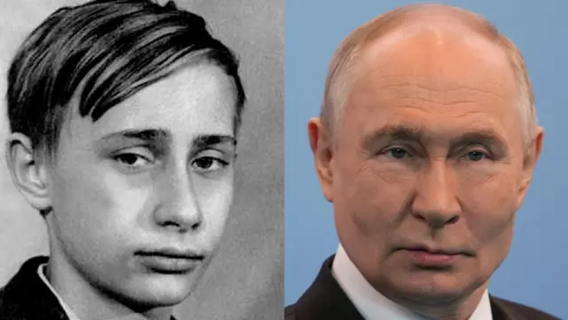 À esquerda, uma foto em preto e branco de Putin quando criança; à direita, uma foto colorida de Putin nos dias atuais.