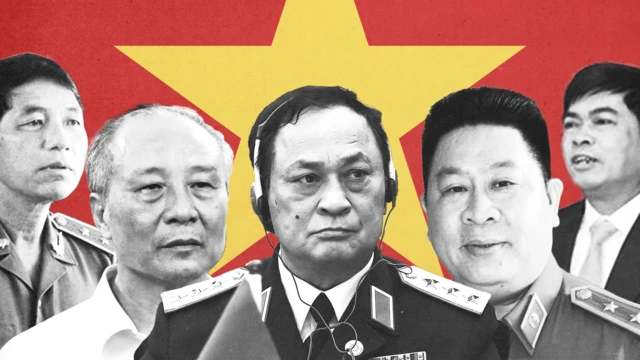 Từ trái qua: cựu Thứ trưởng Bộ Công an Trần Việt Tân, cựu Phó Tổng cục trưởng Tổng cục Tình báo Phan Hữu Tuấn, thứ trưởng Bộ Quốc phòng Nguyễn Văn Hiến, cựu Thứ trưởng Bộ Công an Bùi Văn Thành và Chủ tịch PVN Nguyễn Xuân Sơn