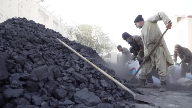 کارگران در حال پرکردن بوجیها با زغال سنگ در یکی از مراکز توزیع در کابل نوامبر ۲۰۲۵