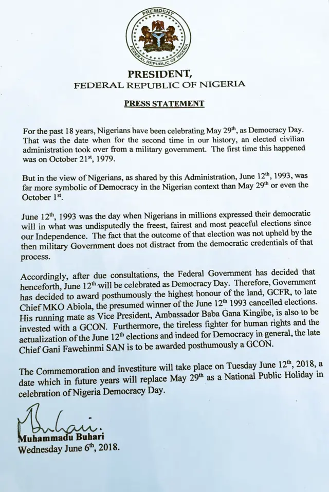 June 12: Nigeria Democracy Day speech of Buhari hail MKO Abiola