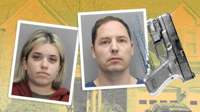 Ilustração reúne fotos de Juliana Peres Magalhães, de Brendan Banfield e de uma arma em primeiro plano e imagem de fundo com uma casa 