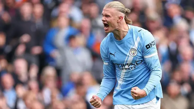 Erling Haaland celebrates a goal for Manchester City