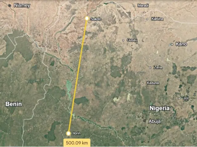 Photo wey show di distance between Sokoto and Kwara states