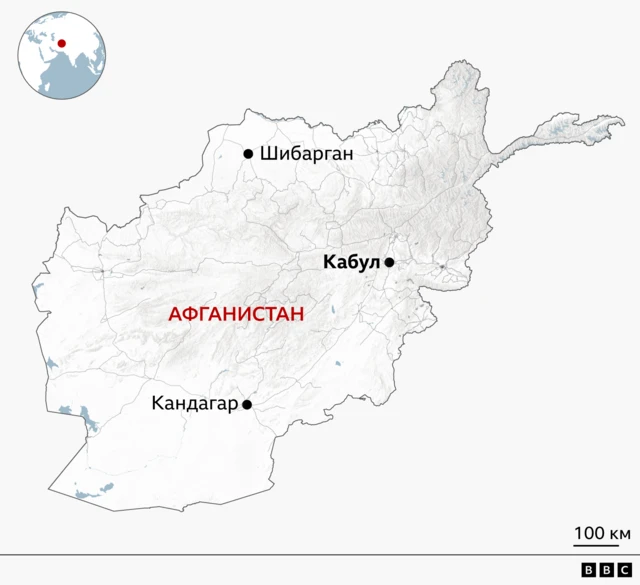 Карта Афганистана, на которой помечены Кандагар, Кабул и Шибарган