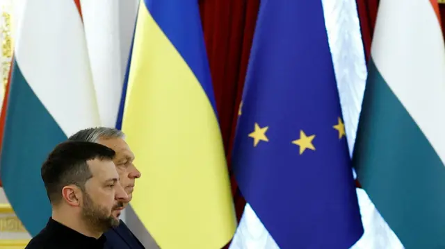 Орбан и Зеленский стоят в профиль на фоне флагов Украины, Венгрии и ЕС