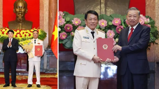 Ảnh trái: Thứ trưởng Công an Phạm Thế Tùng được Chủ tịch nước Lương Cường trao quyết định thăng cấp bậc hàm từ trung tướng lên thượng tướng ngày 14/7/2025. Ảnh phải: Bộ trưởng Công an Lương Tam Quang được Tổng Bí thư, Chủ tịch nước Tô Lâm trao quyết định thăng cấp bậc hàm từ thượng tướng lên đại tướng ngày 20/10/2024. Ảnh trái: Thứ trưởng Công an Phạm Thế Tùng được Chủ tịch nước Lương Cường trao quyết định thăng cấp bậc hàm từ trung tướng lên thượng tướng ngày 14/7/2025. Ảnh phải: Bộ trưởng Công an Lương Tam Quang được Tổng Bí thư, Chủ tịch nước Tô Lâm trao quyết định thăng cấp bậc hàm từ thượng tướng lên đại tướng ngày 20/10/2024.