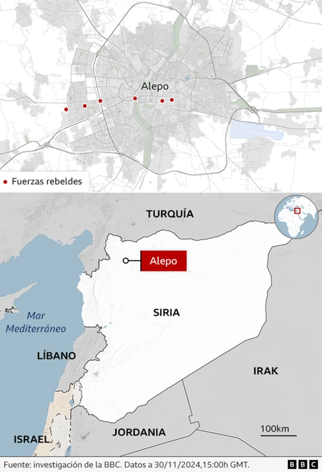 Mapa de Siria con la ubicación de las fuerzas rebeldes en Alepo.