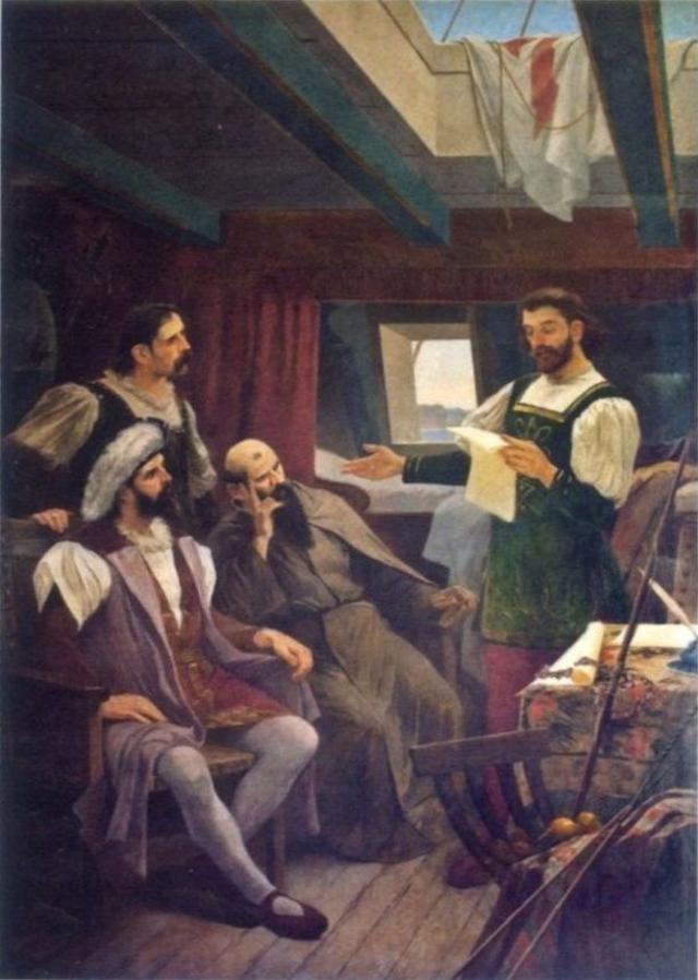 Pintura de  Francisco Aurélio de Figueiredo e Melo feita em 1900 ilustra Pero Vaz de Caminha lendo sua carta a Pedro Alvares Cabral