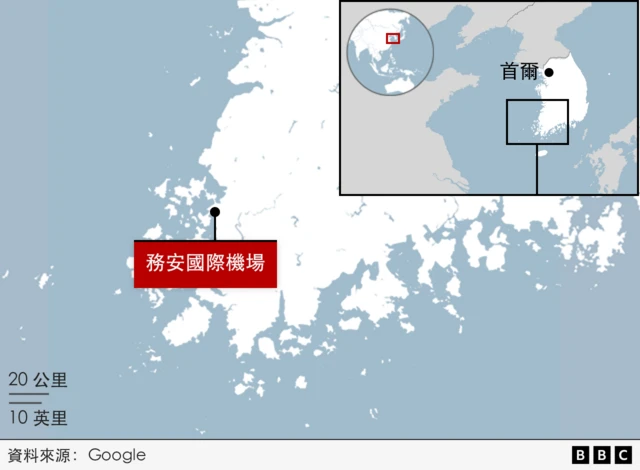  韩国地图，标注务安国际机场所在的位置。 