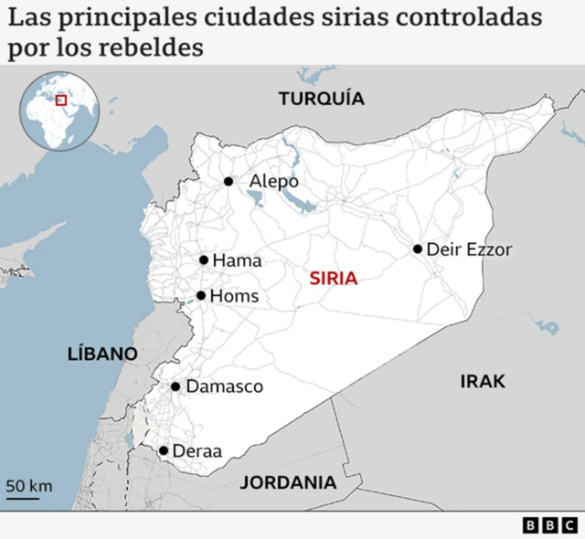 Mapa de las ciudades controladas por los rebeldes en Siria.