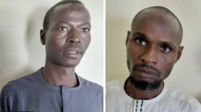 Ismail Mohammed and Abu Umar, Iswap fighters wey surrender to Nigeria forces on June 8