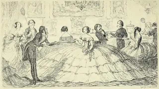 Bir dans salonu ve çember etekli kadınlar