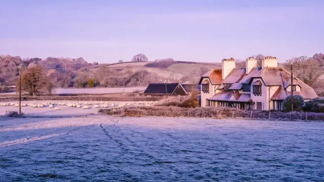 Una escena helada en el campo con ovejas en un campo blanco y congelado en la distancia y una casa de campo a la derecha de la imagen.