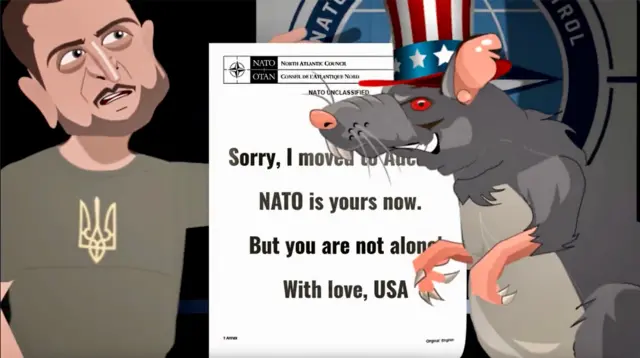 A scene from "Ukraine Inc" showing Zelensky and a rat that symbolises the USA