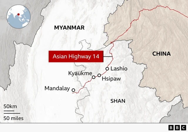 A map showing Myanmar's border with China, and the towns of Kyaukme, Lashio and Hpisaw along Asia Highway 14.