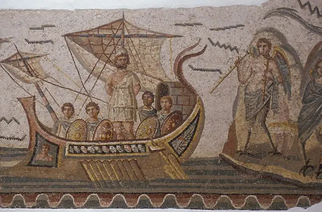 Tunus'taki Bardo Ulusal Müzesi'ndeki Roma mozaiğinde gemideki Odysseus.