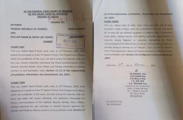 Akwụkwọ ikpe ahụ a gbara Nasir El-Rufai n'ụlọikpe Ukwu Etiti dị n'Abuja