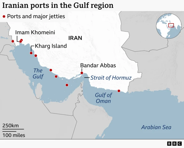 A map showing Iranian ports and major jetties in the Gulf region. Starting at the eastern end of the Gulf on Iran’s border with Iraq and heading west they are: Khorramshahr, Imam Khomeini, Mahshahr, Kharg Island, Bushehr, Asaluyeh, and the islands of Lavan and Siri. Then, a little further east, the major port of Bandar Abbas is on the Strait of Hormuz and further east is Chabahar on the Gulf of Oman, near to Pakistan.