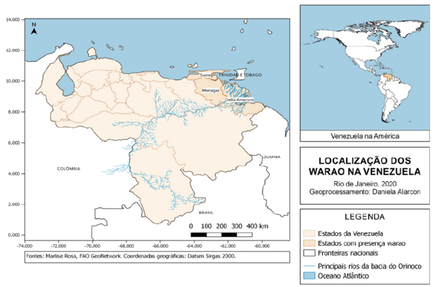 Mapas mostram a localização da Venezuela nas Américas e os Estados venezuelanos de Delta Amacuro, Monagas e Sucre