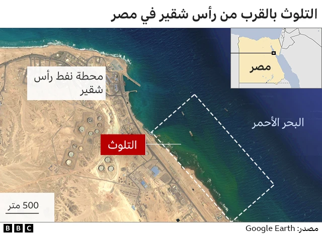 منظر لجوجل ايرث لريشة التلوث الخضراء قبالة منشأة راس شقير على البحر الأحمر