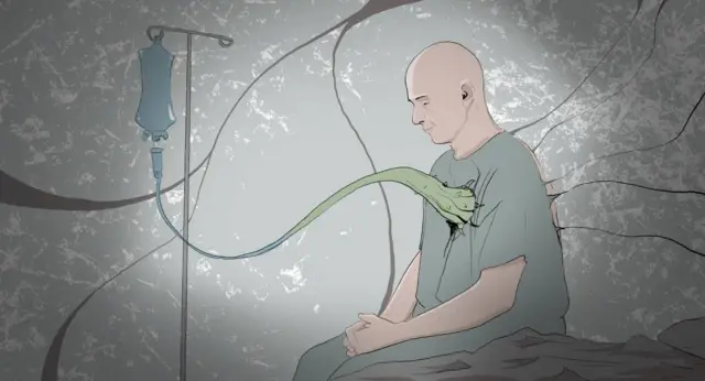 ilustracija muškarca koji sedi na bolničkom krevetu, a na srcu mu je otvorena rana kao da je ušla neka životinja iz horor filmova